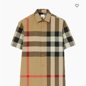 Burberry Men's Short Sleeve Plaid Shirt - Tan, Black, and Red